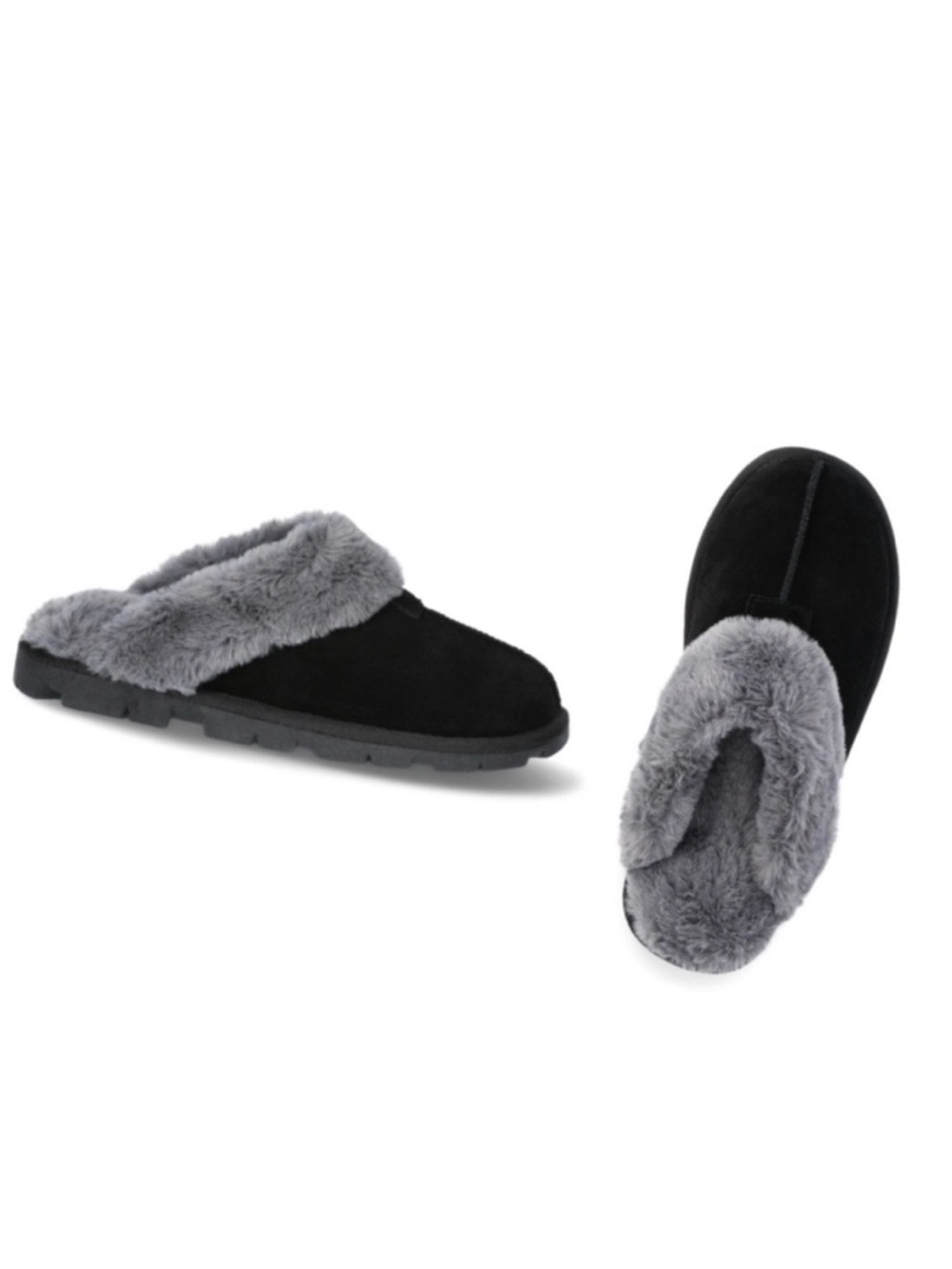 Joyspun Suede Plush-Lined Slide Slippers - Black with Gray Fur